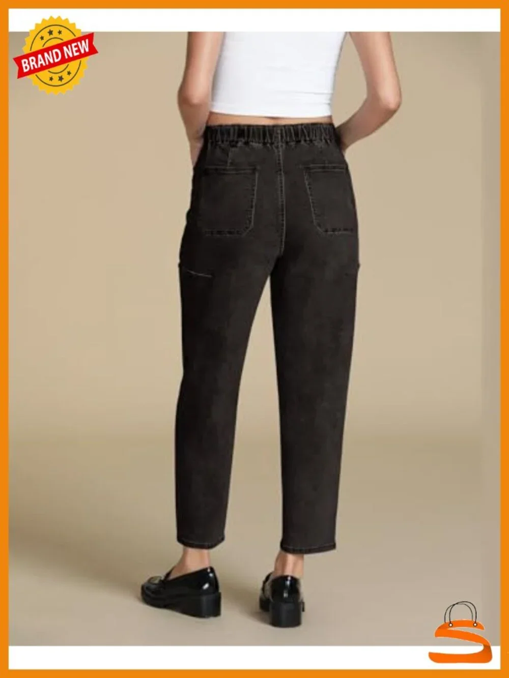 High Waisted Pull On Drawstring Elastic Waist Stretchy Denim Baggy Pants with